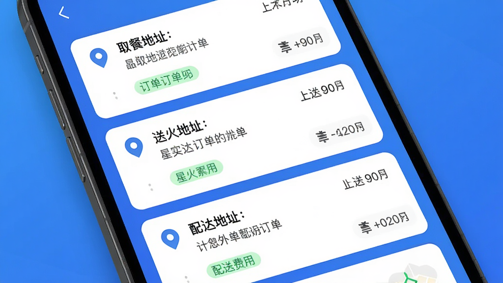 星火外卖骑手端 订单推送功能界面,手机屏幕显示多个订单卡片,包含取餐地址、送达地址和配送费用,背景为蓝色渐变,布局为列表式排版,风格为清爽简洁的UI设计,细节有地图定位图标和订单状态标签,画质高清,干净,无多余元素