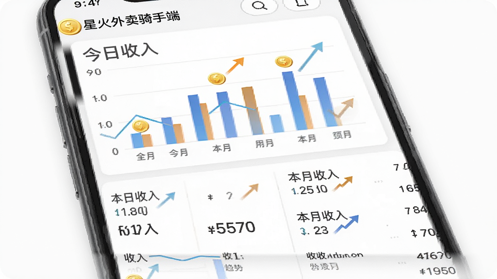 星火外卖骑手端 收入统计页面,手机屏幕显示柱状图和收入明细列表,包含“今日收入”“本周收入”“本月收入”等文字,背景为白色,布局为上下结构,风格为商务简约,细节有金币图标和趋势箭头,画质高清,干净,无多余元素