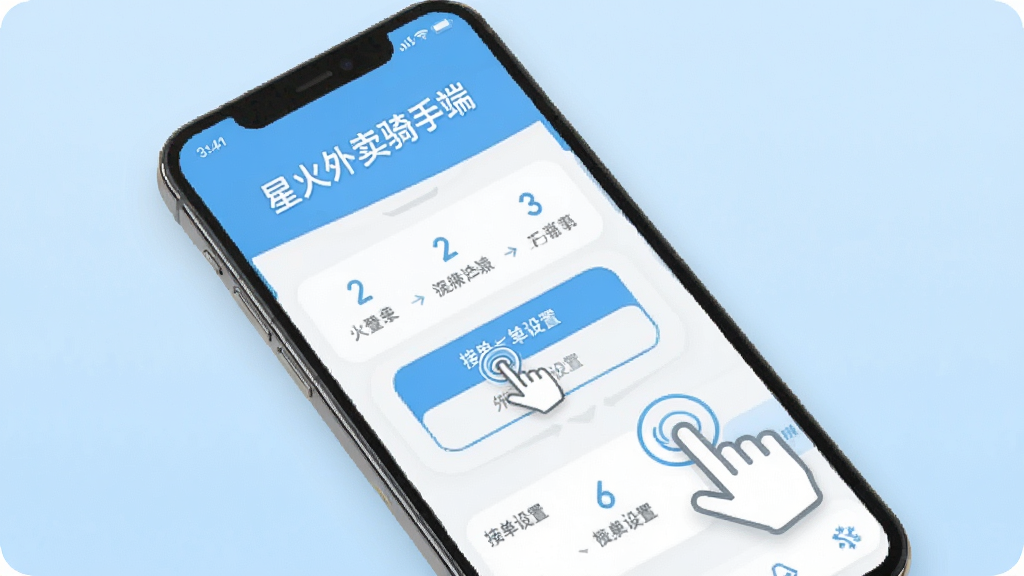星火外卖骑手端 新手操作指引,手机屏幕显示注册登录和接单设置界面,背景为浅蓝色,布局为分步引导式排版,风格为清新简洁,细节有手指点击图标和步骤编号,画质高清,干净,无多余元素