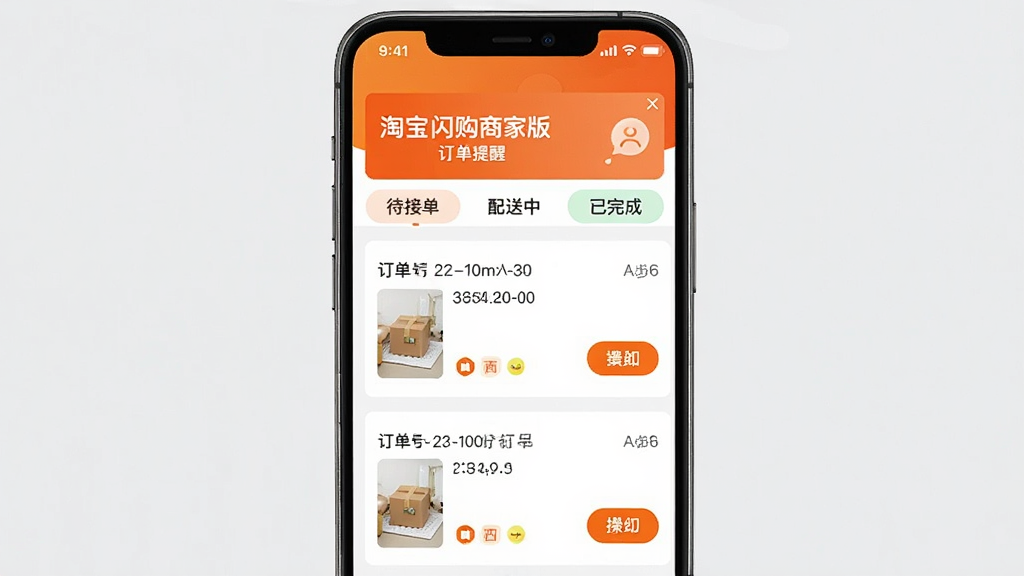 淘宝闪购商家版订单管理界面截图,主体为手机屏幕显示订单列表页面,布局为顶部新订单提醒横幅,中间为待接单、配送中、已完成等状态分类标签,下方为具体订单卡片,排版清晰,风格为橙色系电商应用界面,细节包括订单编号、时间戳、商品缩略图、操作按钮,画质高清,干净,无多余元素