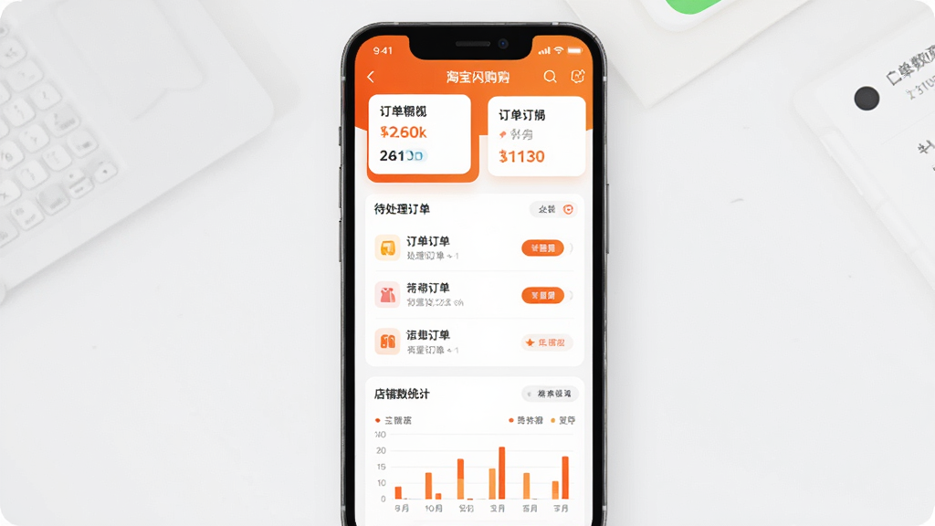 淘宝闪购商家版软件主界面展示,主体为一部智能手机屏幕显示橙色主题的商家管理后台,布局上方为订单概览卡片,中间为待处理订单列表,下方为店铺数据统计图表,排版简洁有序,风格为现代扁平化UI设计,细节包括清晰的图标、圆角按钮、柔和阴影,画质高清,干净,无多余元素