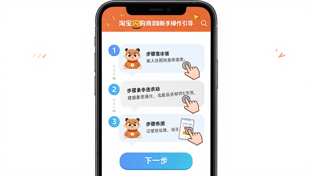 淘宝闪购商家版新手操作引导页面,主体为手机屏幕显示分步操作教程,布局为顶部标题栏,中间为图文并茂的步骤说明,下方为下一步按钮,排版清晰,风格为友好新手引导界面,细节包括序号标记、手指点击示意、高亮提示框,画质高清,干净,无多余元素