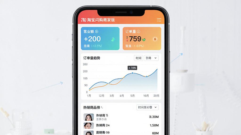 淘宝闪购商家版数据看板功能展示,主体为手机屏幕呈现经营数据图表,布局上方为营业额和订单量数字卡片,中间为折线趋势图,下方为热销商品排行榜列表,排版整洁,风格为商务数据可视化界面,细节包括彩色图表、百分比标注、时间筛选器,画质高清,干净,无多余元素