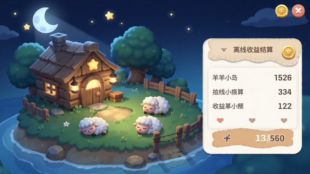 羊羊小岛离线收益结算界面,画面展示小岛在夜晚安静状态,月光洒在木屋和草地上,几只卡通羊在睡觉,旁边有收益结算面板,布局安静柔和,风格为夜间治愈插画,细节包括星星、灯光、结算数字,画质细腻干净,无多余元素