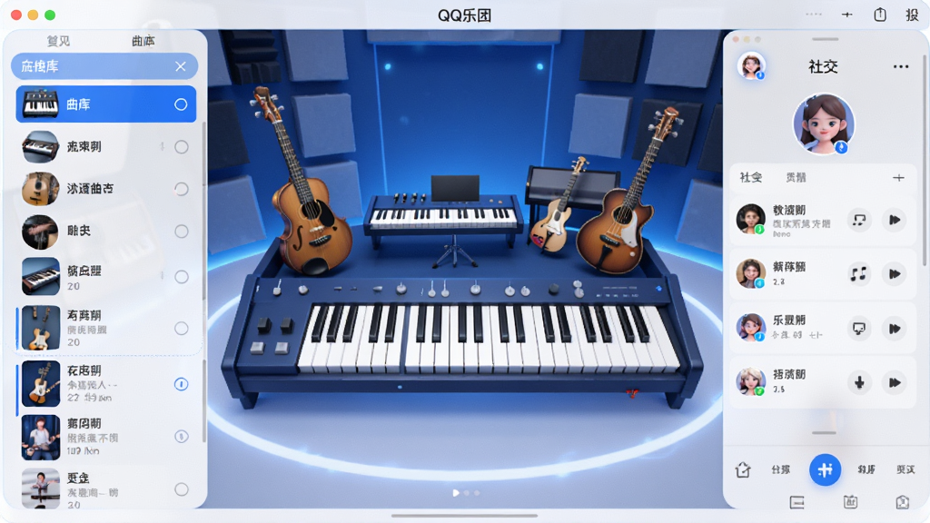 QQ乐团软件主界面全景展示,画面中央是虚拟乐器演奏区,左侧为曲库列表,右侧为社交互动面板,整体布局清晰,现代科技风格,蓝色与白色为主色调,细节精致,高画质,干净,无多余元素