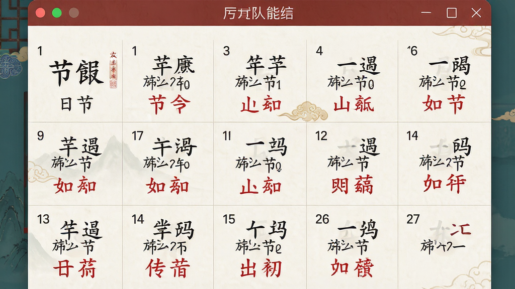 一张展示简单日历软件农历与节气功能的特写图片,画面聚焦于日历窗口的某个月份视图,每个日期格子下方清晰标注着农历日期和节气名称,其中传统节日用红色字体高亮显示,布局紧凑有序,风格为传统中国风与现代简约相结合,细节包括农历文字清晰可辨、节气标注准确,画质为高清2K,画面干净无多余元素