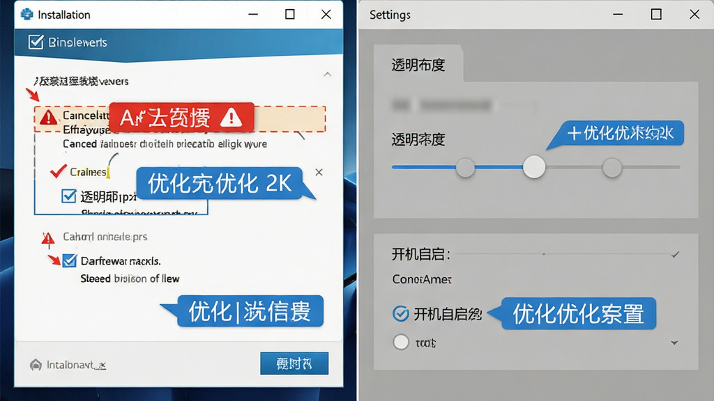 一张展示简单日历软件安装过程与设置界面的合成图片,画面左侧为安装向导的取消捆绑勾选步骤截图,右侧为软件设置面板的透明度调节滑块与开机自启选项,布局左右分栏对比,风格为教程类信息图,细节包括红色警示标记与蓝色优化提示标签,画质为高清2K,画面干净无多余元素