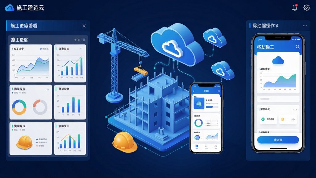 数字建造云软件主界面展示,画面中央是建筑工地与云端数据连接的抽象示意图,主体为蓝色调的建筑信息模型与手机界面融合,布局采用左右分栏,左侧为施工进度看板,右侧为移动端操作界面,排版简洁清晰,风格为现代科技商务风,细节包括塔吊、安全帽、数据图表、云朵图标,画质高清,干净,无多余元素