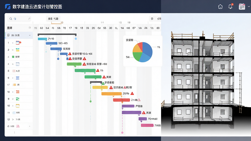 数字建造云进度计划管控界面,画面为甘特图与建筑楼层剖面图的结合,主体为彩色进度条与时间轴,布局为横向展开,排版规整,风格为简约商务风,细节包括里程碑标记、预警红色三角、资源分配饼图、日历图标,画质高清,干净,无多余元素