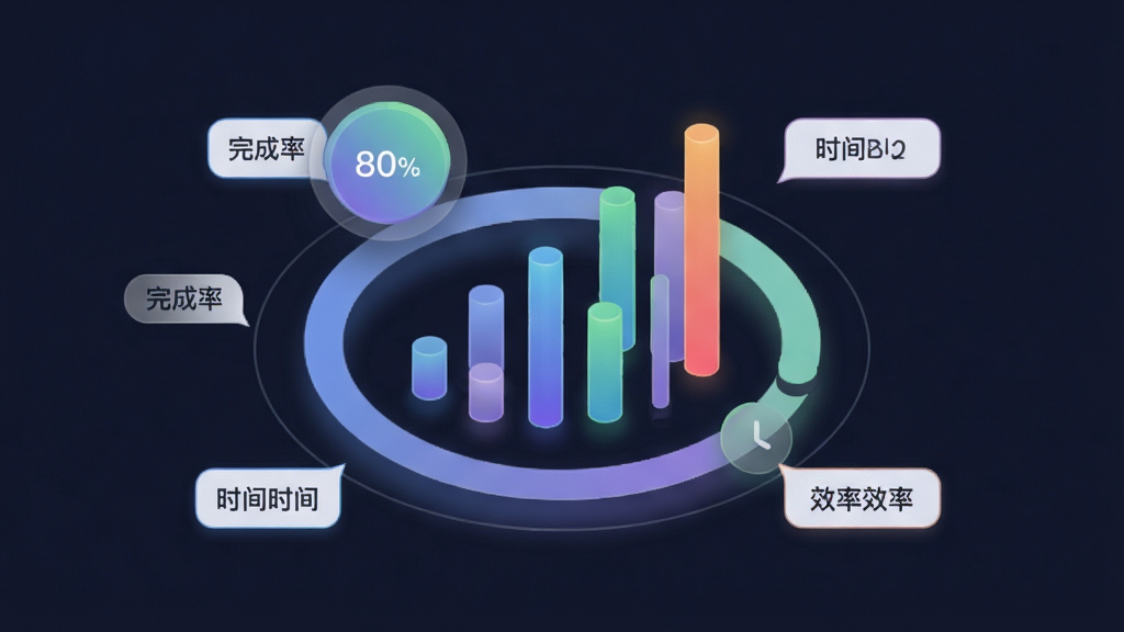 一幅展示应得客APP数据统计功能的可视化图片,画面主体为悬浮的圆形与柱状图表,图表周围环绕着代表完成率、时间与效率的简约标签,布局采用中心环绕式构图,风格为现代数据可视化风格,细节包括渐变色柱体、平滑的曲线与柔和的投影效果,画质高清干净,无多余元素