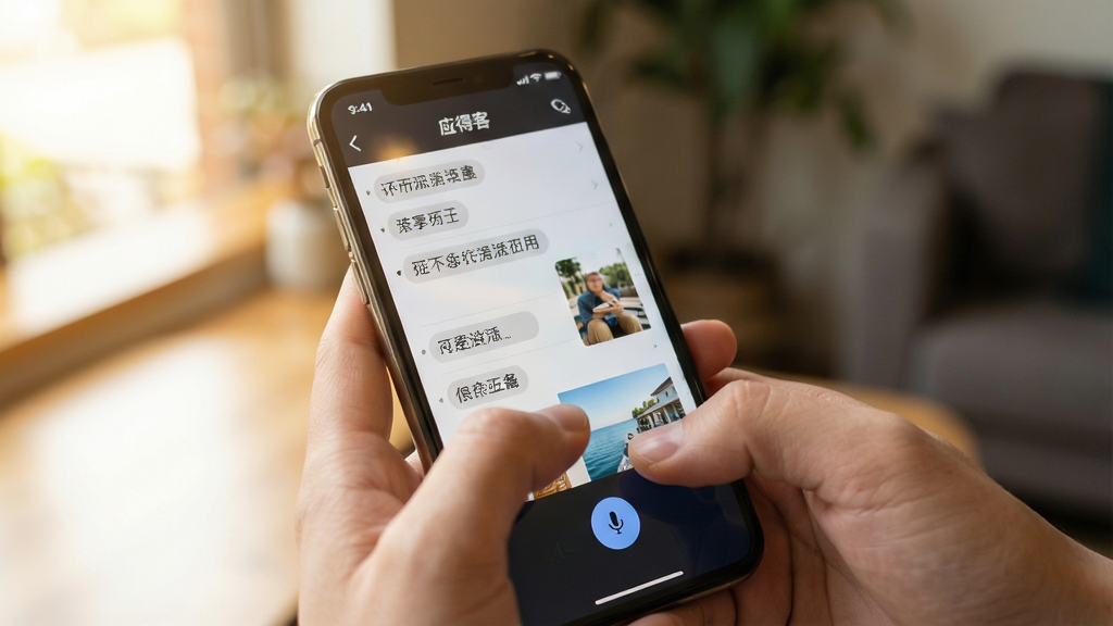 一幅展示应得客APP快捷记录功能的场景图,画面主体为一只手握持手机,拇指正点击屏幕上的语音输入按钮,屏幕内显示文字与图片混合的笔记列表,布局采用第一人称视角,风格为写实生活风,细节包括温暖的自然光线、手机屏幕的清晰反光与背景的虚化处理,画质高清干净,无多余元素