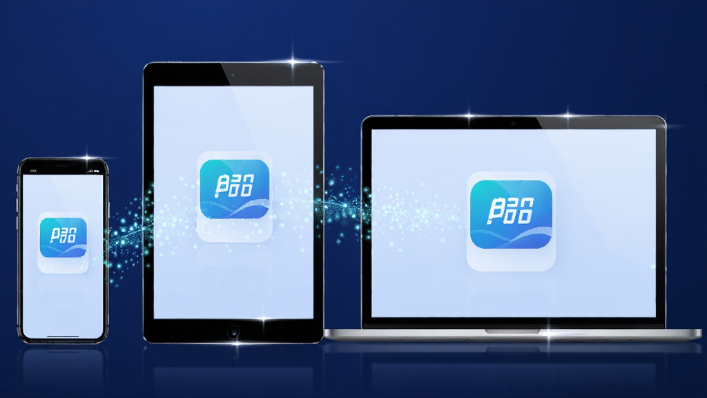 一张展示应得客APP多端同步功能的示意图,画面主体为手机、平板与笔记本电脑三台设备并排陈列,屏幕之间以流动的数据光线相连,布局为横向排列,风格为商务科技风,细节包括深蓝色背景、设备边框的高光反射与连接线的粒子效果,画质清晰干净,无多余元素
