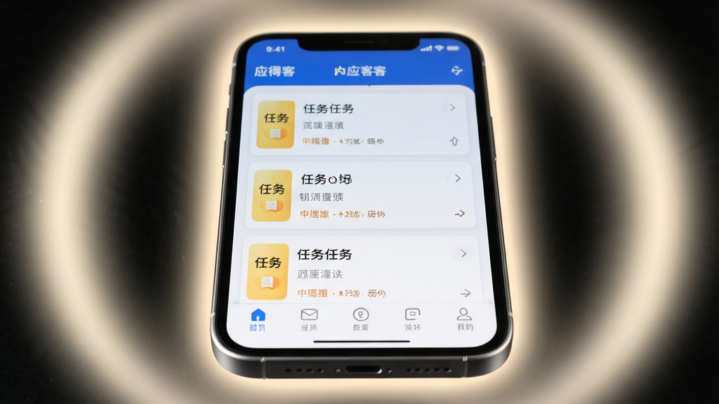 一张展示应得客APP在手机上运行流畅的实拍风格图片,画面主体为手机屏幕显示应得客任务列表界面,屏幕周围有柔和的光晕效果,布局为居中特写构图,风格为数码产品展示风,细节包括手机边框的金属质感、屏幕内清晰的任务卡片与底部导航图标,画质高清干净,无多余元素