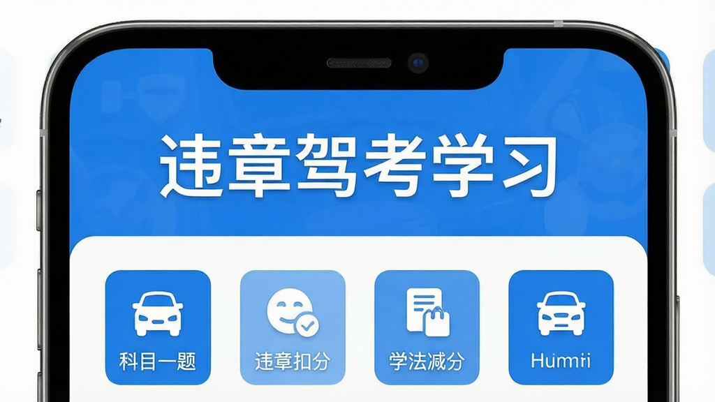 一张手机屏幕展示违章驾考学习软件主界面的图片,画面中央是软件名称“违章驾考学习”文字,下方排列着科目一题库、违章扣分、学法减分等图标按钮,整体布局清晰,风格简洁明快,蓝白配色,干净清爽,无多余元素,高清画质