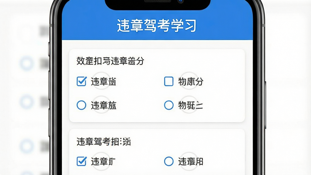 一张展示违章驾考学习软件题库界面的图片,画面中手机屏幕显示多道违章扣分选择题,题目文字清晰,选项排列整齐,顶部有“违章驾考学习”字样,界面风格简约,白底蓝字,干净无多余装饰,高清画质