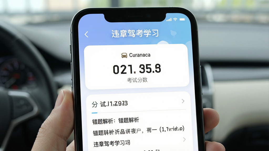 一张展示违章驾考学习软件模拟考试界面的图片,手机屏幕中央显示考试分数与错题解析,顶部有“违章驾考学习”文字标识,界面布局清晰,配色柔和,干净整洁,高清画质