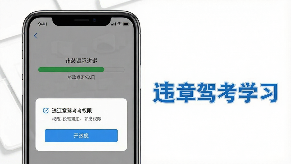 一张展示手机安装违章驾考学习软件的步骤示意图,画面中手机屏幕显示安装进度条与权限开启提示,旁边有“违章驾考学习”文字标注,风格简洁直观,白底蓝字,干净清晰,高清画质