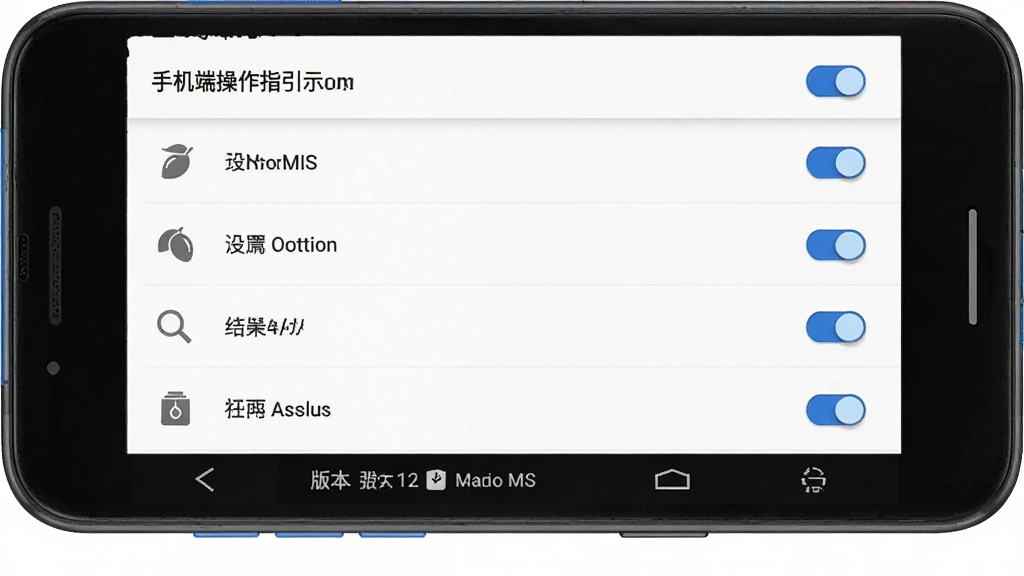 MangoMIS 手机端操作指引示意图,主体为一部安卓手机展示应用设置页面,布局为顶部标题栏、中部设置选项列表、底部版本信息,排版清晰,风格为简洁实用工具风,细节包含蓝色开关按钮、白色背景、灰色图标,画质高清,干净无多余元素