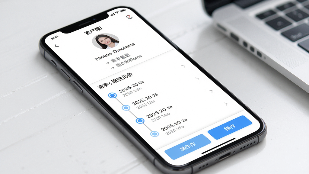 MangoMIS 客户信息维护功能界面,主体为手机屏幕展示客户档案详情页,布局为顶部客户头像和基本信息、中部跟进记录时间轴、底部操作按钮,排版清晰,风格为清爽浅色商务风,细节包含蓝色时间轴节点、白色背景、灰色分割线,画质高清,干净无多余元素