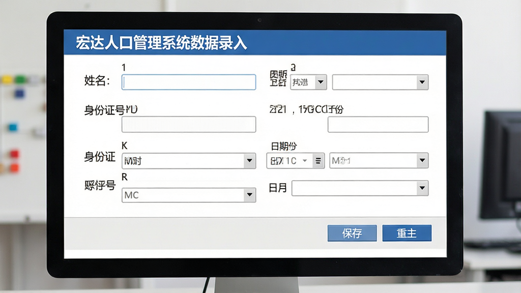 一张展示宏达人口管理系统数据录入界面的图片,主体为电脑屏幕上的信息录入表单,布局为上方标题栏、中间多个输入框和下拉选择项、下方保存与重置按钮,排版整齐,风格为简洁办公软件界面风格,细节包括姓名输入框、身份证号输入框、日期选择器等元素,画质高清,画面干净,无多余元素