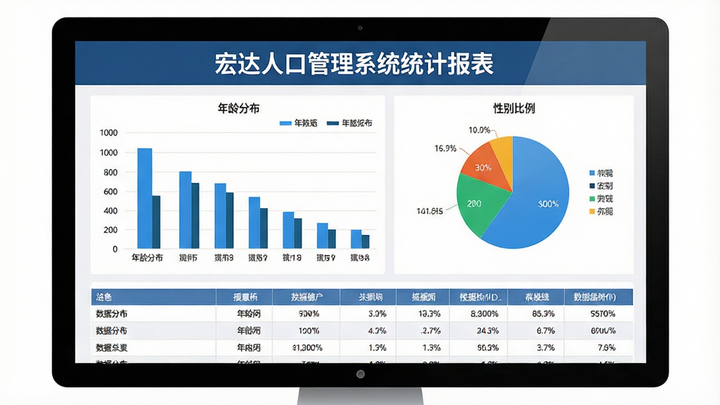 一张展示宏达人口管理系统统计报表功能的图片,主体为电脑屏幕上的数据统计图表界面,布局为上方标题、中间柱状图和饼图并排展示、下方数据汇总表格,排版清晰,风格为现代数据可视化风格,细节包括年龄分布柱状图、性别比例饼图、数据表格等元素,画质高清,画面干净,无多余元素