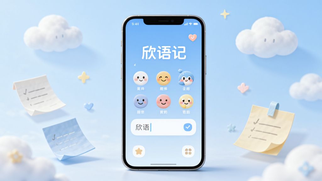 画面中央放置一部智能手机,屏幕显示“欣语记”主界面,淡蓝色背景,界面中有心情图标和文字输入框,周围漂浮着云朵和便签纸,整体布局居中对称,风格清新治愈,细节包括柔和光影和圆角图标,画质高清,干净,无多余元素