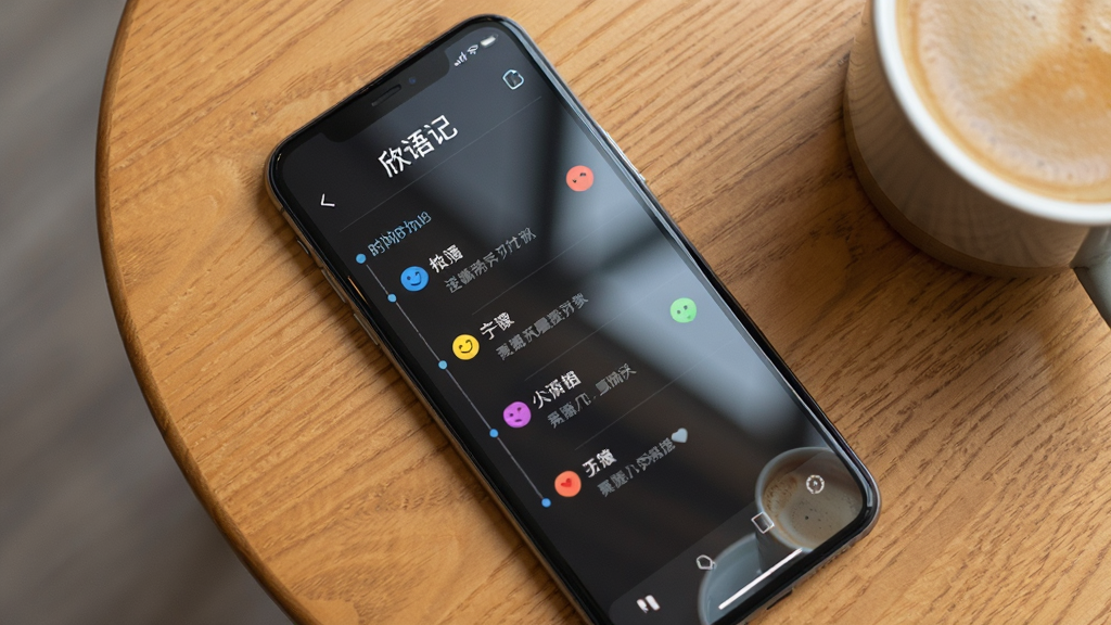 一部手机平放在木桌上,屏幕显示“欣语记”的时间轴页面,每条记录带有不同颜色心情圆点,背景是暖色木纹,布局为俯视角度,风格生活化,细节包括屏幕反光和旁边一杯咖啡,画质清晰,干净,无多余元素