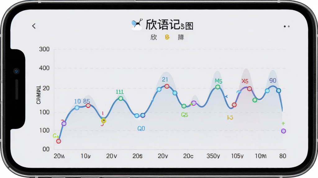 手机屏幕显示“欣语记”心情趋势图,折线图起伏变化,背景为浅灰色,布局居中,风格数据可视化,细节包括坐标轴和彩色数据点,画质清晰,干净,无多余元素