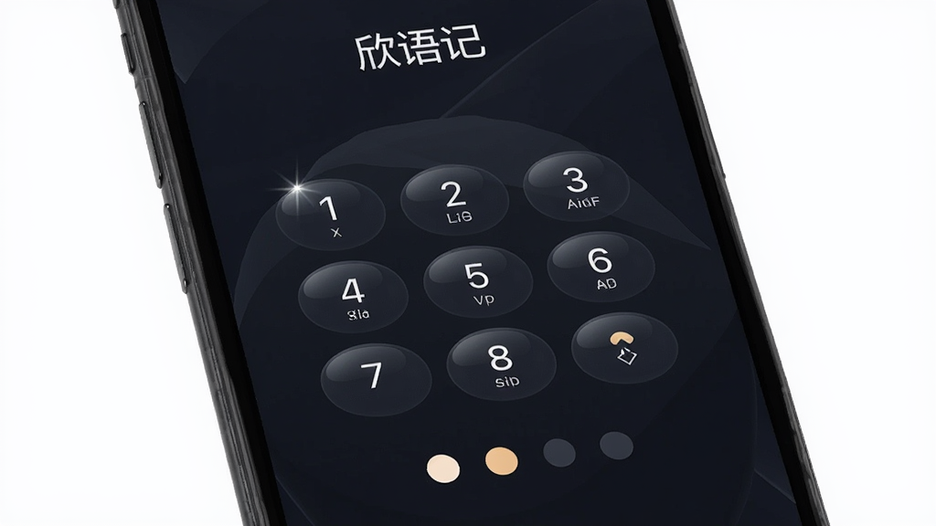 手机屏幕显示“欣语记”密码输入界面,数字键盘和四个圆点,背景深色,布局居中,风格安全沉稳,细节包括按键高光和圆点填充状态,画质高清,干净,无多余元素