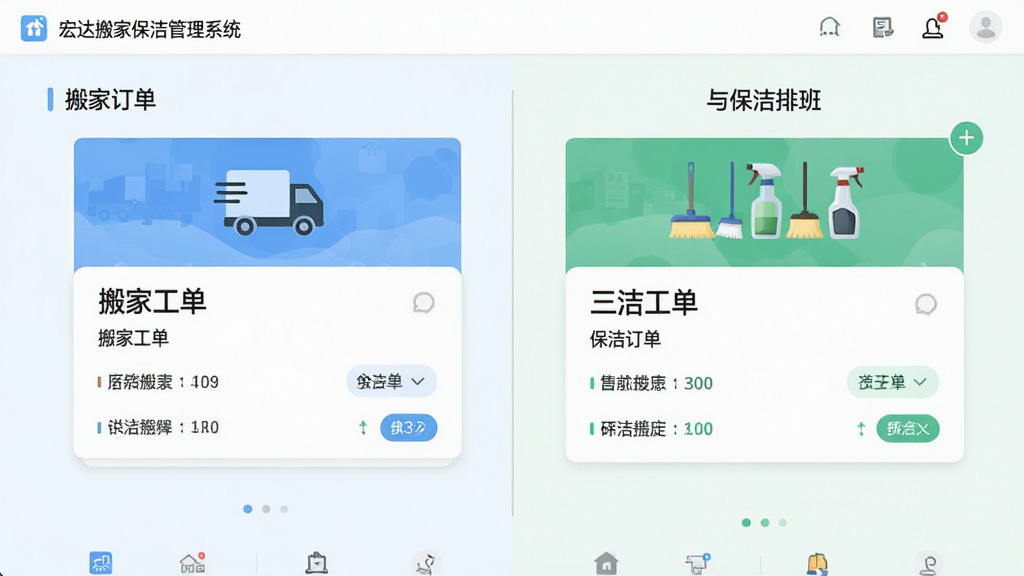����ұ������ϵͳ˫ҵ��������棬����չʾ��ҹ����뱣���Űಢ����ʾ������Ҷ�����Ƭ���л���ͼ�꣬�Ҳౣ�๤��������๤��ͼ�꣬�м��÷ָ�����������������ˬǳɫ���Ű�Գƣ�ϸ�����������ʸɾ����޶���Ԫ��