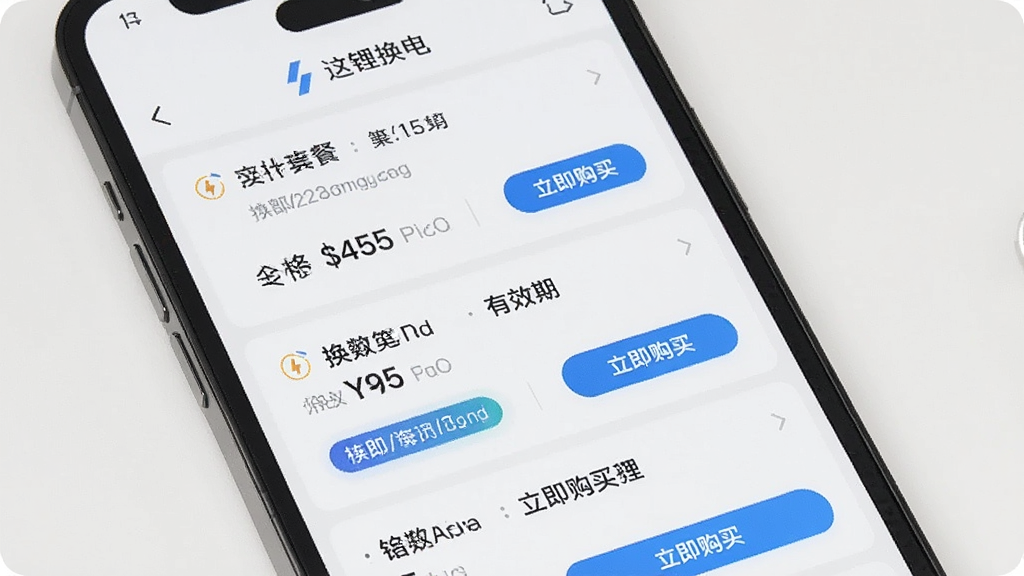 一张展示手机屏幕上多种换电套餐价格卡片的图片,画面主体为