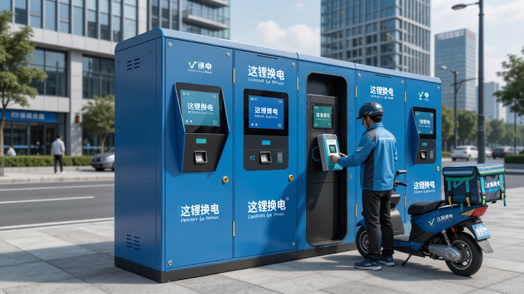 一张展示城市街头智能换电柜的场景图,画面中央为一排整齐的蓝色换电柜,柜门上有