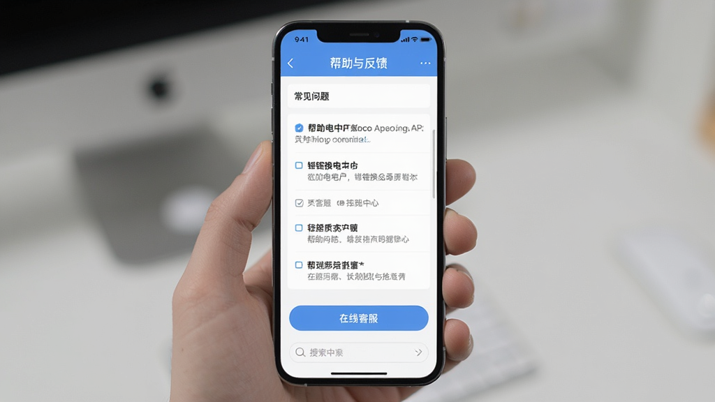 一张展示用户在使用这锂换电APP时遇到问题并查看帮助中心的手机界面截图,画面主体为手机屏幕上的帮助与反馈页面,布局为竖屏展示,风格为清新简约风,细节包括常见问题列表、在线客服按钮、搜索框,画质清晰,画面干净,无多余元素