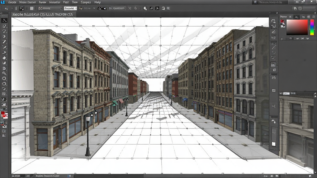 使用 Adobe Illustrator CS5 透视网格绘制城市街景,画面中显示一点透视的网格线,建筑物沿网格排列,风格写实,画质清晰,干净无多余元素