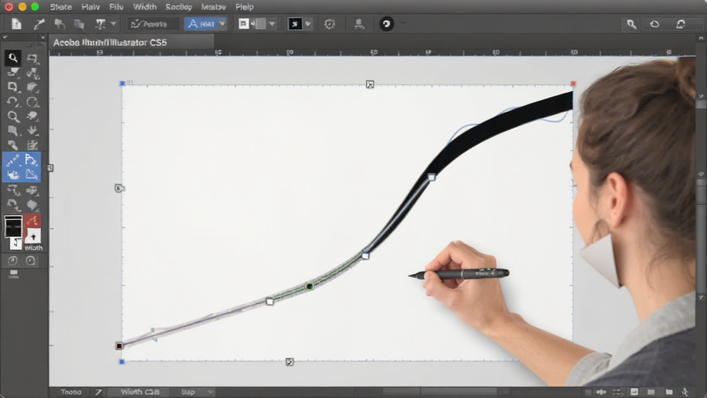 一个设计师正在使用 Adobe Illustrator CS5 的宽度工具调整矢量路径,屏幕上显示一条由细变粗的曲线,工具栏中宽度工具图标被高亮,整体风格现代简洁,画质清晰,干净无多余元素