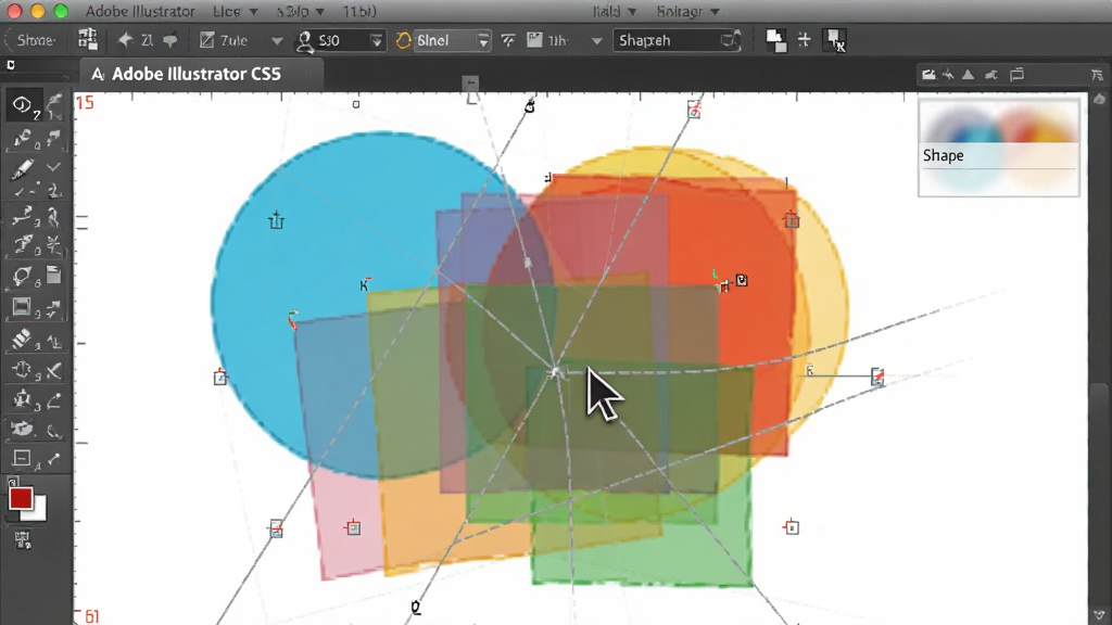 Adobe Illustrator CS5 形状生成器工具操作界面,多个彩色圆形与方形交叠,鼠标光标正在合并区域,屏幕上出现灰色预览线,风格干净明亮,画质清晰,无多余元素