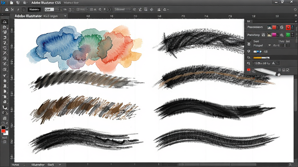 Adobe Illustrator CS5 画笔面板与艺术画笔效果展示,画布上有多条不同纹理的笔触,包括水彩和炭笔风格,风格艺术感强,画质清晰,无多余元素