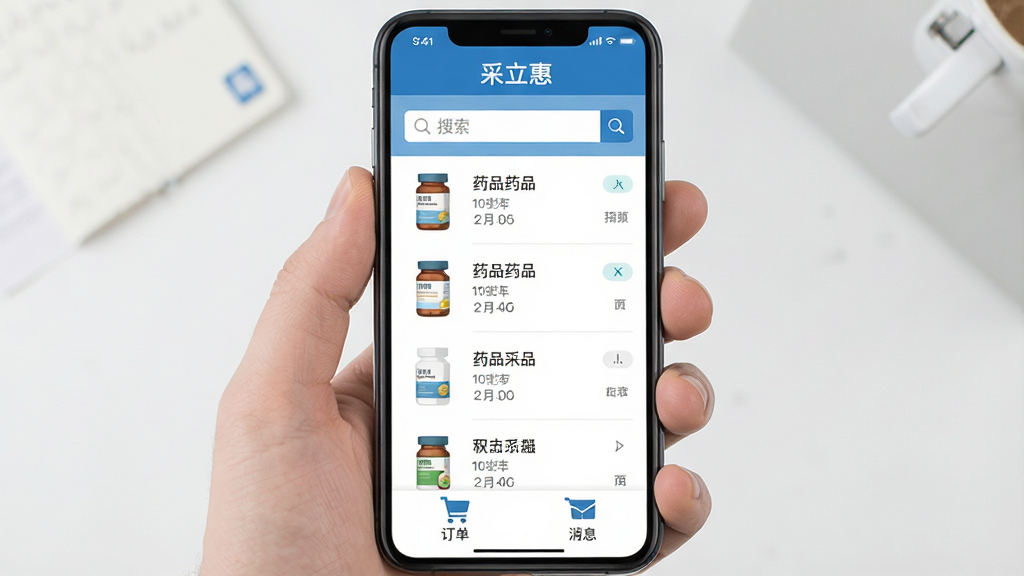 手机屏幕中显示医药采购类应用界面,主色调为蓝白色,页面中央有药品列表和搜索框,顶部标题栏写着“采立惠”,底部有订单和消息图标,整体布局简洁清晰,扁平化UI风格,细节精致,画质干净,无多余元素