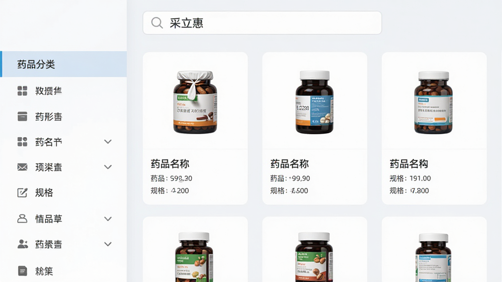 医药采购应用首页界面,左侧为药品分类导航栏,右侧为商品卡片列表,卡片上有药品名称和规格文字,顶部搜索框写着“采立惠”,背景为浅灰白色,界面排版整齐,扁平设计风格,画质清晰,干净无多余元素