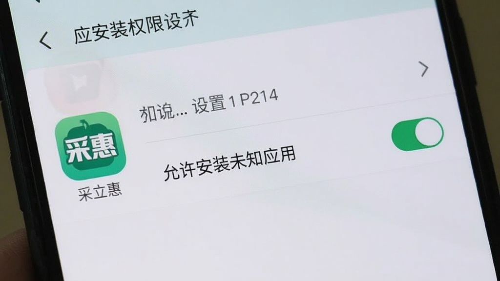 手机屏幕显示应用安装权限设置页面,页面上有“允许安装未知应用”的开关按钮,背景为设置菜单界面,旁边有“采立惠”应用图标,配色为系统默认浅色风格,画质清晰,干净无多余元素