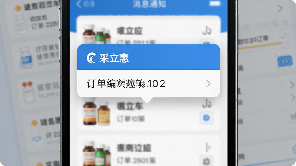 手机应用消息通知界面,屏幕上方弹出订单状态变更提醒卡片,卡片上有“采立惠”字样和订单编号,背景为模糊的药品列表页面,配色以蓝白为主,界面层次分明,画质干净,无多余元素
