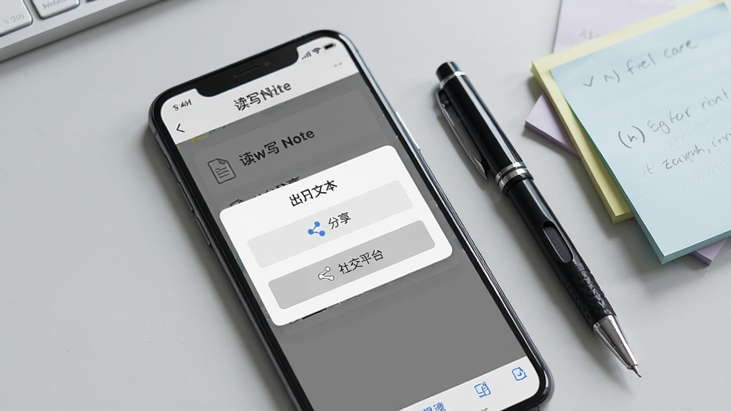 一张读写笔记导出分享功能展示图,画面为手机屏幕显示读写笔记的分享菜单界面,屏幕上有导出为文本和分享到社交平台的选项按钮,手机旁边有一支笔和几张便签纸,背景为浅灰色桌面,风格为简洁产品功能展示,细节清晰,画质干净,无多余元素