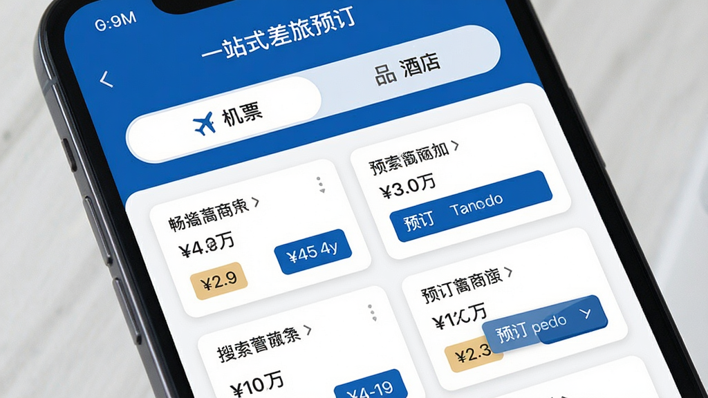 畅帆商旅一站式差旅预订界面展示,主体为手机屏幕特写,布局采用上下分区,上半部分显示机票与酒店切换标签,下半部分为搜索结果列表,排版采用卡片式排列,风格为清爽商务风,细节上每张卡片带有价格标签与预订按钮,画质清晰,干净,无多余元素