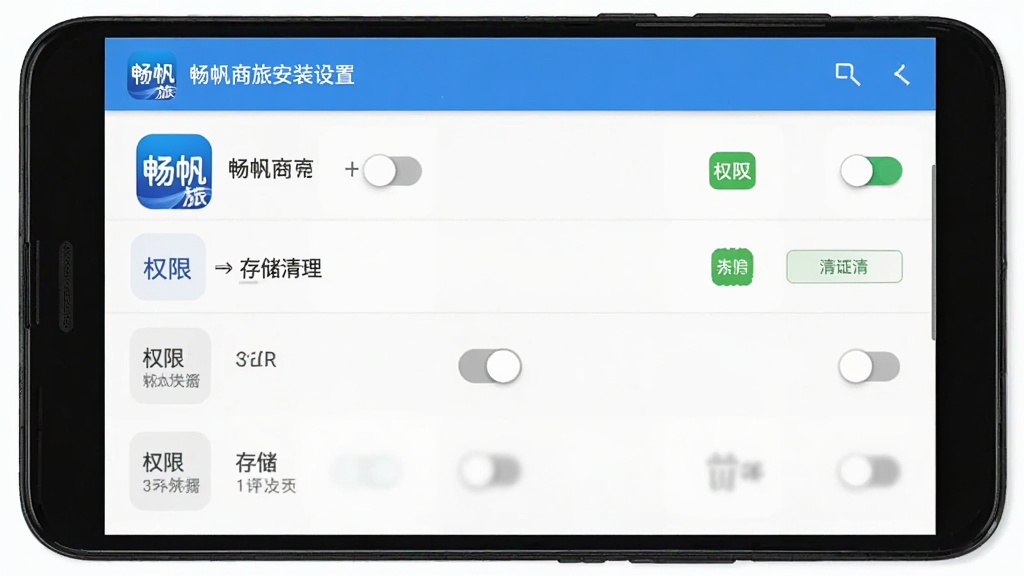 畅帆商旅安装设置界面展示,主体为安卓手机设置页面截图风格,布局采用纵向列表,排版上显示权限开关与存储清理选项,风格为系统设置风,细节上带有畅帆商旅应用图标与权限名称,画质清晰,干净,无多余元素