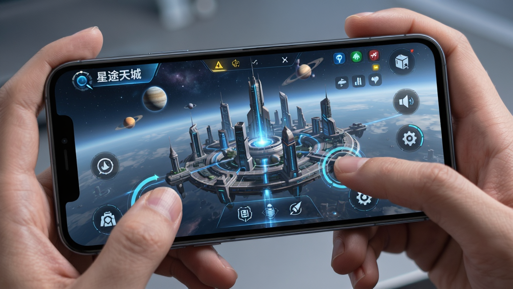 星途天城 手机游戏运行画面 主体为玩家手持手机操作游戏 布局为手机屏幕显示星际城市 排版为竖版展示 风格为生活化科技感 细节包含手指点击 界面图标 画质高清 干净 无多余元素