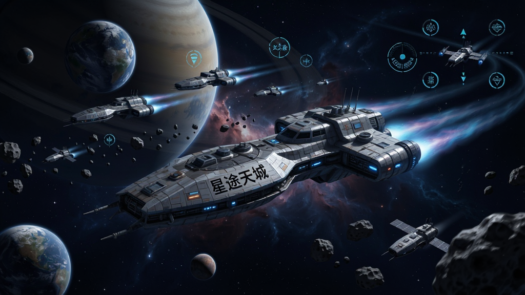 星途天城 星际探索场景 宇宙飞船在星球间航行 主体为探索舰队 布局为多星球背景 排版为横向构图 风格为太空科幻 细节包含星云 小行星带 探索标记 画质高清 干净 无多余元素