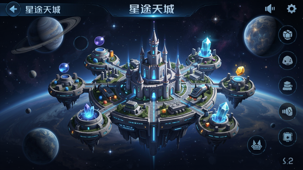 星途天城 游戏主界面 星际城市 科幻风格 主体为悬浮在宇宙中的未来城市 布局为中央城堡加四周资源建筑 排版为横版手机游戏界面 风格为科幻幻想 细节包含飞船 星球 光效 资源图标 画质高清 干净 无多余元素