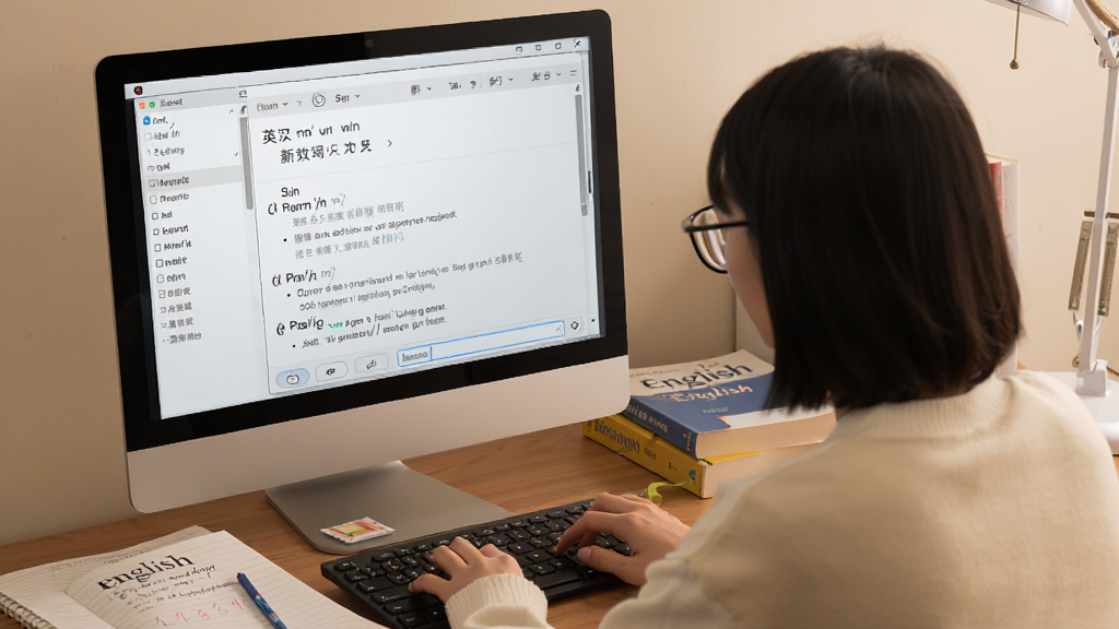 一张学习场景图,画面中一名学生坐在电脑前使用英汉汉英双向学习词典查词,屏幕上显示单词释义、音标和例句,旁边放着笔记本和英语教材,整体风格温暖安静,细节包括软件窗口、词条列表和输入框,画质清晰,干净,无多余元素