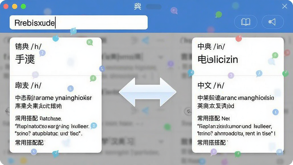 一张软件功能展示图,画面主体是英汉汉英双向学习词典的查询界面,左侧输入英文单词后显示中文释义卡片,右侧输入中文词语后显示英文翻译卡片,中间用双向箭头连接,整体布局对称,风格简洁明快,细节包括音标、词性、例句和常用搭配,画质清晰,干净,无多余元素