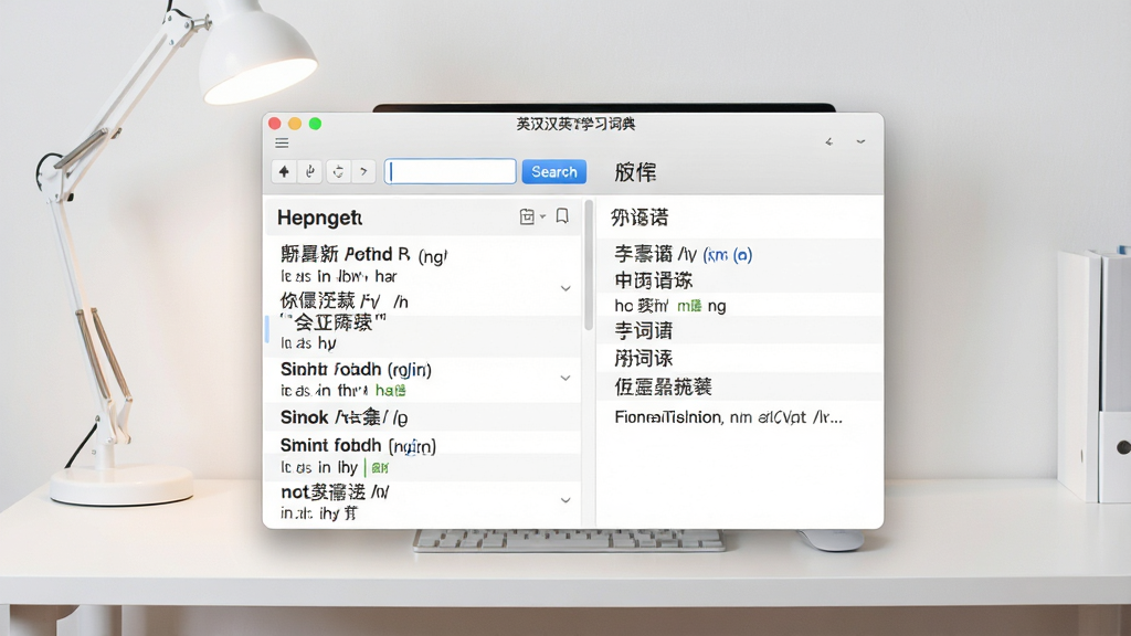 一张简洁的电脑桌面场景图,画面中央是打开的英汉汉英双向学习词典软件窗口,左侧显示英文单词与音标释义,右侧显示中文词语与英文翻译结果,窗口布局清晰,背景是干净的书桌与台灯,整体风格清爽现代,细节包括输入框、搜索按钮、词条列表和释义区域,画质清晰,干净,无多余元素